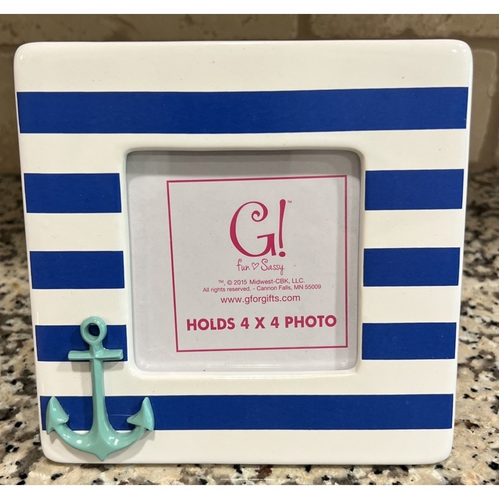 New G! Gifts Picture Frame Photo Blue White Stripe Ceramic Anchor Nautical